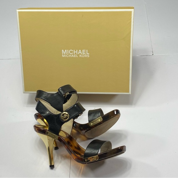 MICHAEL KORS Lani Sandals Black Leather 4’’ Heels Gold Tortoise Shell Pumps 9 M - Picture 1 of 16